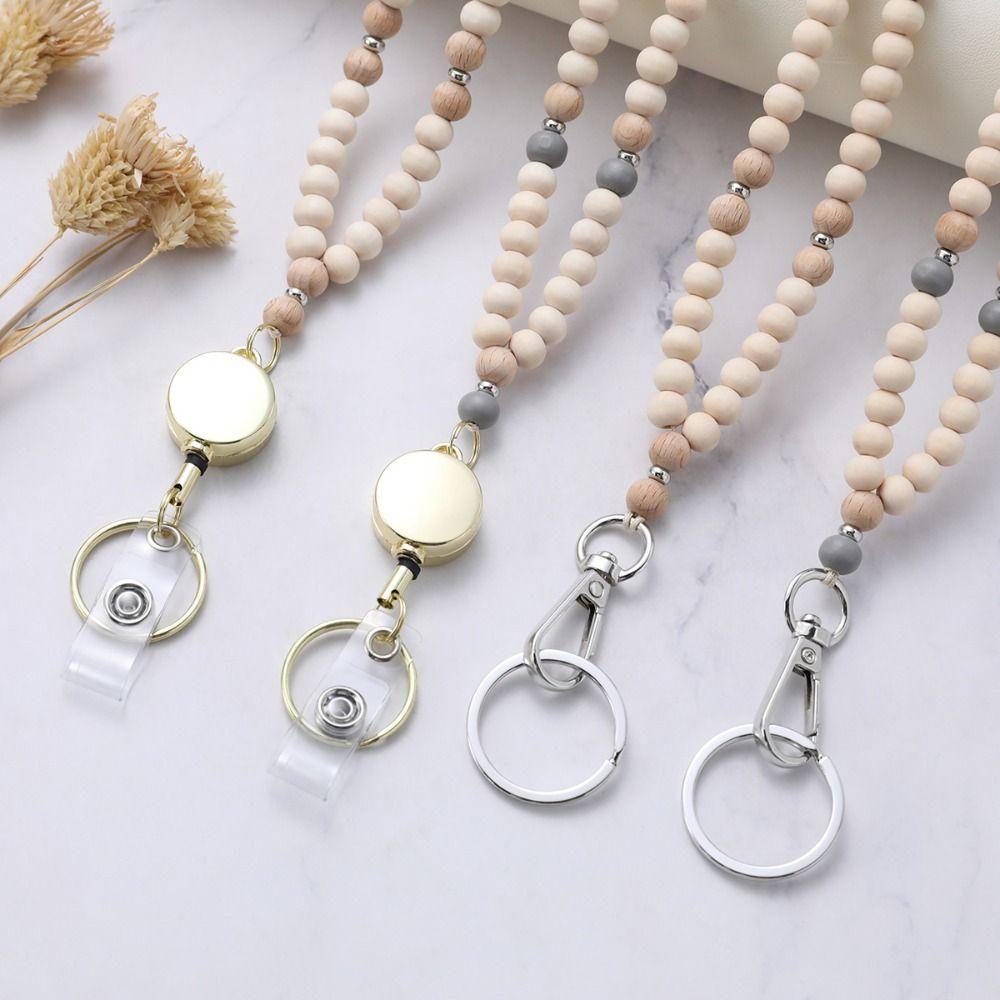 Retractable ID Badge Holder Lanyard Stainless Steel Clasp Bead Teacher Lanyard  Teacher Use