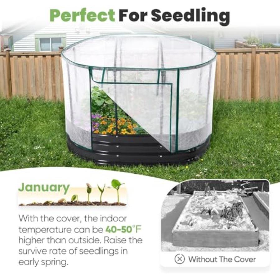 Raised Garden Bed with Cover Galvanized Oval Planter Garden Box Outdoor for Gardening Vegetables Flowers White 4x3x1 ft