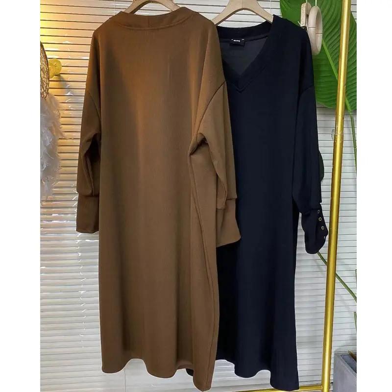 women Autumn and Winter Casual V-neck Loose and Lazy Style Long Base Dress for Women