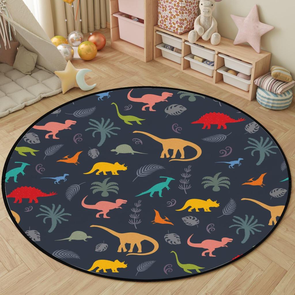 Cartoon Dinosaur Round Carpet Cute Dino Circle Rug for Living Room Playroom Office Laundry Decor Non-slip Comfort Play Yoga Mat