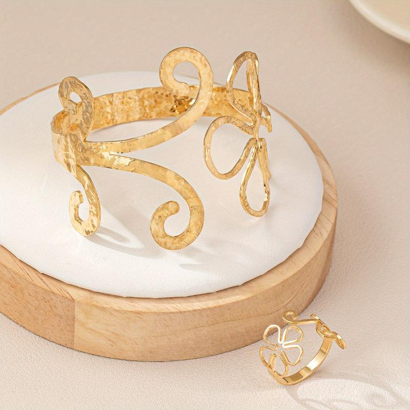 1 Set Elegant Adjustable Hollow Out Flower Bangle Ring Set Geometric Floral Pattern Open Cuff Bracelets Jewelry For Party Gift
