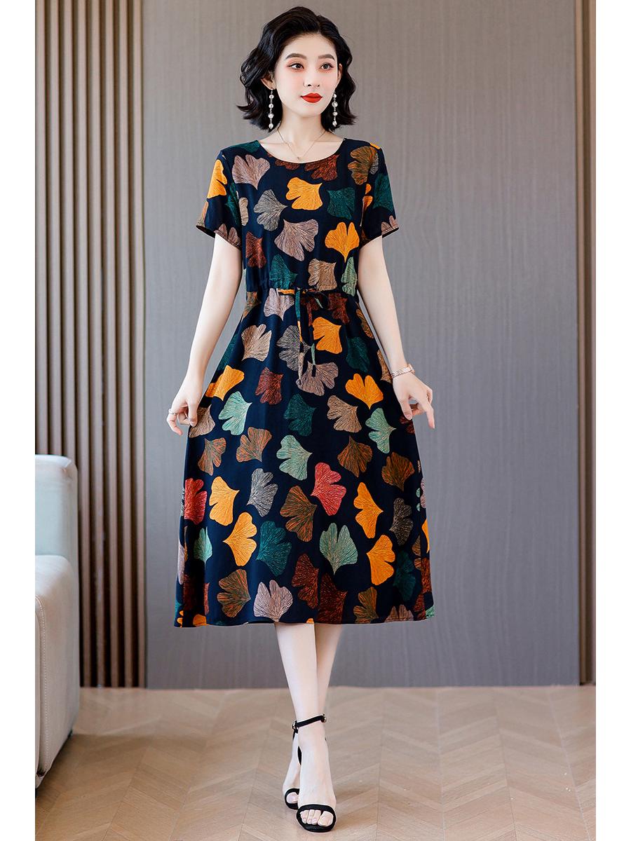 

Літня квіткова бавовняно-шовкова сукня з кишенями: Вище коліна, З ефектом схуднення талії, Великого розміру, Для жінок середнього віку XL [100-115 jin]