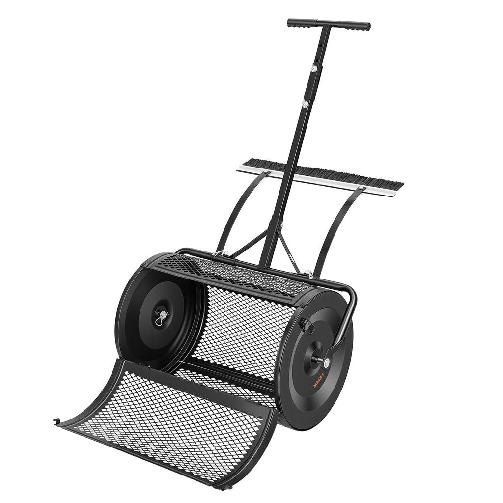 Rozsiewacz Kompostu, 61 cm Szerokości Rozsiewacz Torfu z Rączką Pchającą/Ciągnącą i Szczotką, 4 Regulowane Wysokości, Stalowy Malowany Proszkowo Ogródkowy Wałek do Torfu, Ciężki