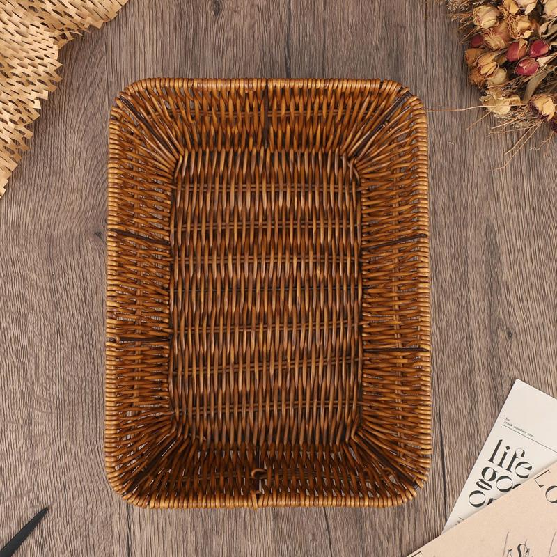1Pc Snack Plate Afternoon Tea Bread Rectangle Imitation Rattan Plastic Durable Fruit Basket Vine Woven Tray Fried Food