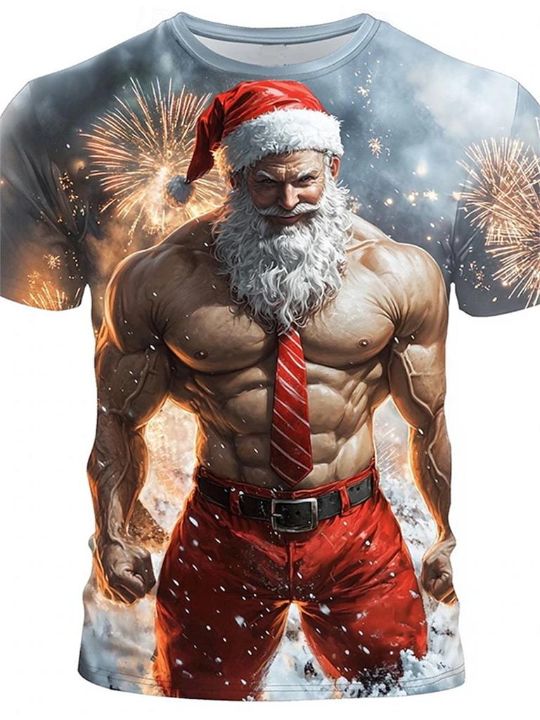 Retro Men's T-shirt 3D Print Funny Muscle Santa Claus T Shirts Men's Fashion Casual Round Neck Short Sleeve New Year Party Tops