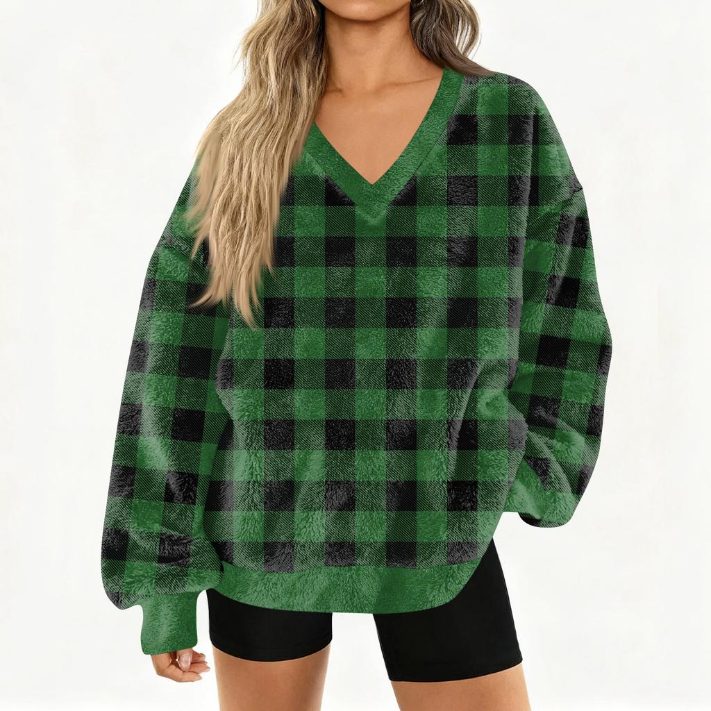 Women's Fashionable V-neck Christmas Printed Long Sleeved Casual Pullover Plush Warm Pocket Sweatshirt Top