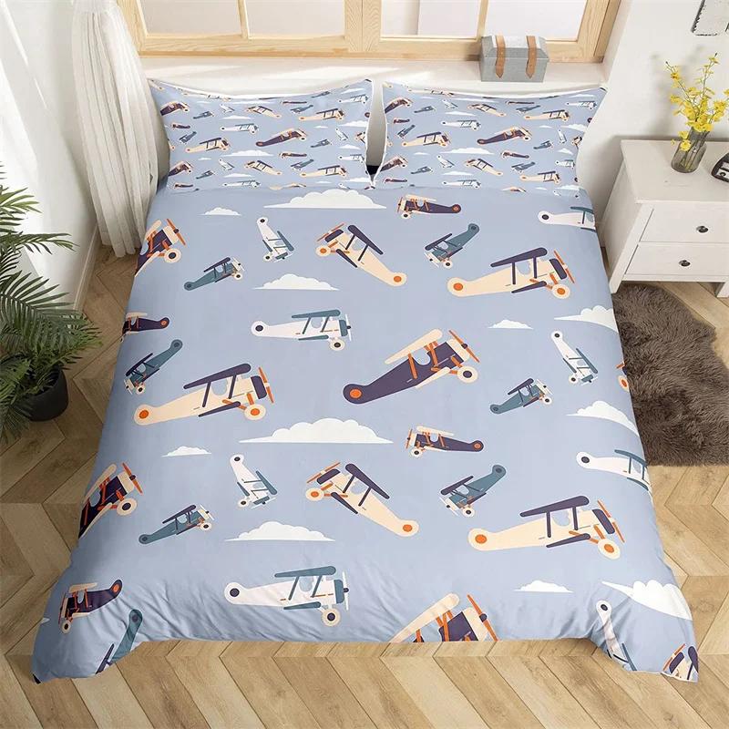 Aircraft Queen Duvet Cover Set Cartoon Airplane Bedding Set Polyester Clouds Stars Moon Print Comforter Cover For Kids Boys Room