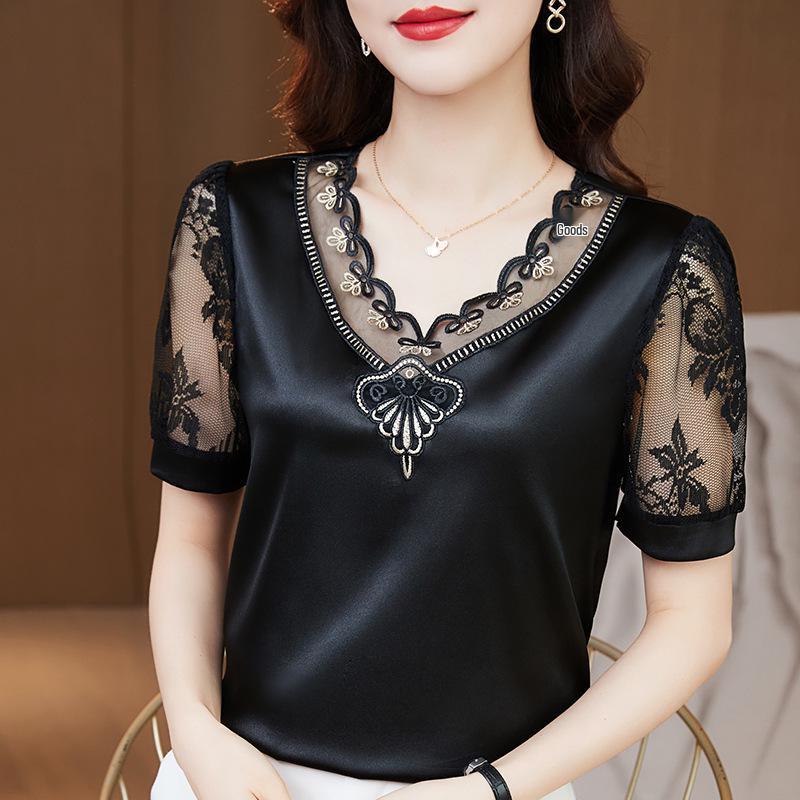 

Женская большая эластичная атласная шифоновая рубашка с кружевной отделкой – с коротким рукавом, модный топ весна 2023 4XL чёрный/золотой