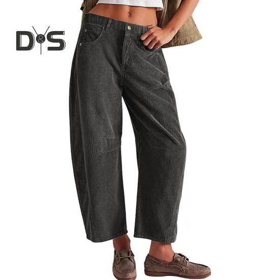 

Женские вельветовые брюки с эластичной талией, средней посадкой, застежкой-молнией на пуговицы, широкие повседневные брюки с карманами, однотонные брюки S темно-серого