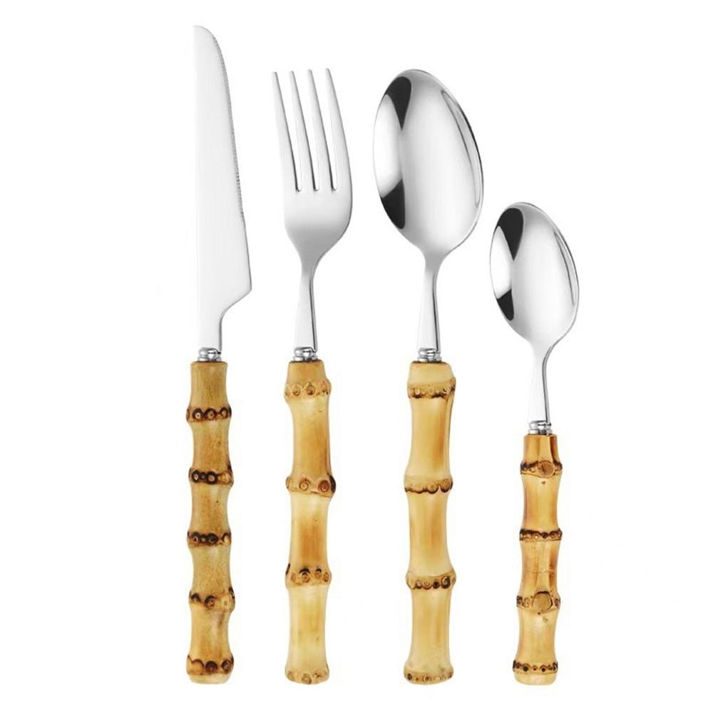 Bamboo Handle Forks Spoons Cutlery Set Gold Silver Kitchen Utensils Dinnerware Set Stainless Steel Flatware Set Kitchen Use