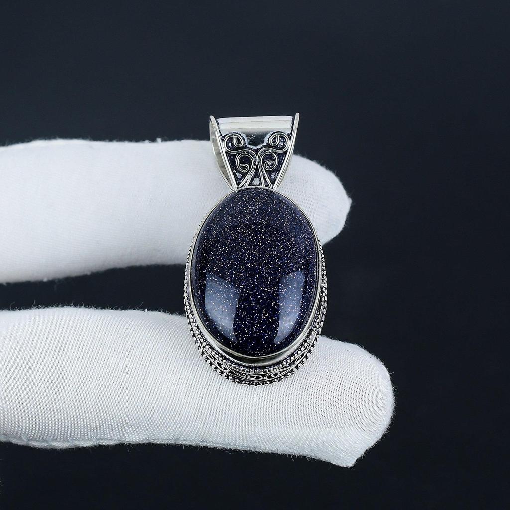 Natürlicher Blauer Sonnenstein Edelstein Silberanhänger in 925 Sterling Silber - Handgefertigtes Ovales Design, Alltagsschmuck Geschenk für Sie