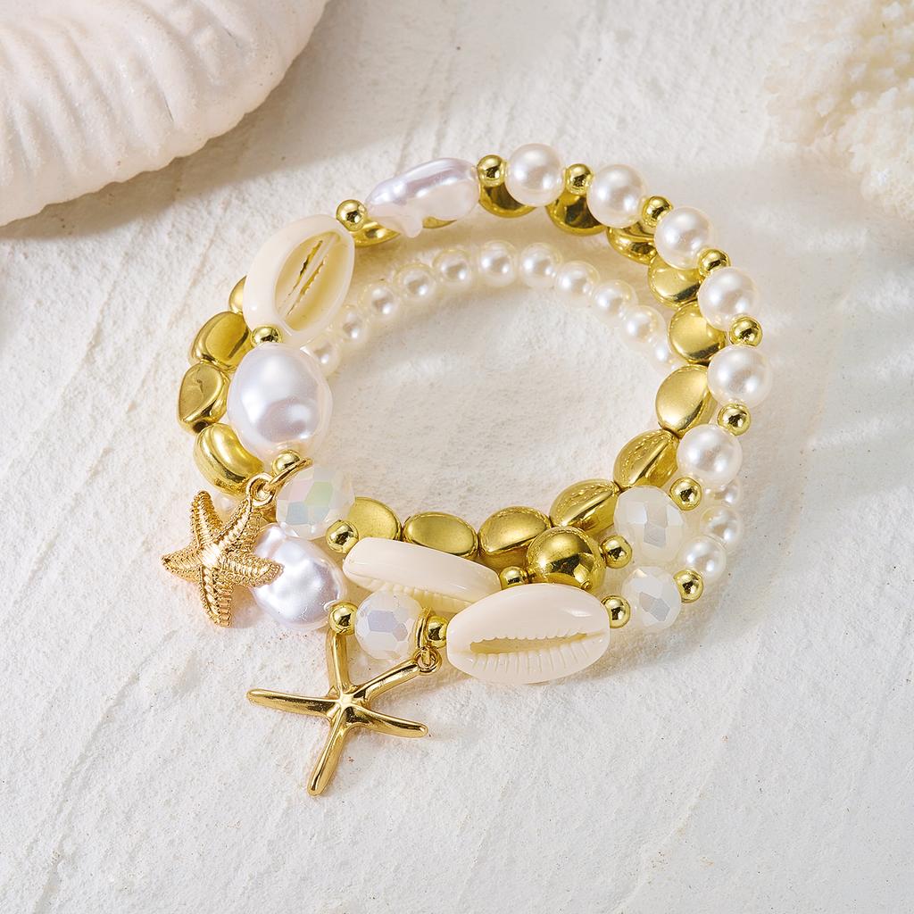 Boho Shell Imitation Pearl Elastic Bracelet Set for Women Dainty Starfish Stacked Beaded Bracelets Summer Beach Jewelry Gift