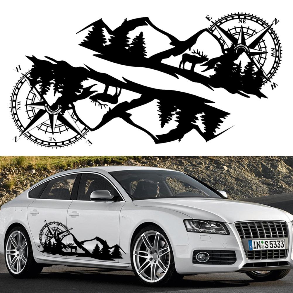 Large Car Decals Compass Tree Mountain Deer PVC Stickers Vinyl Graphic Waterproof SUV RV Styling Decoration Exterior Accessories