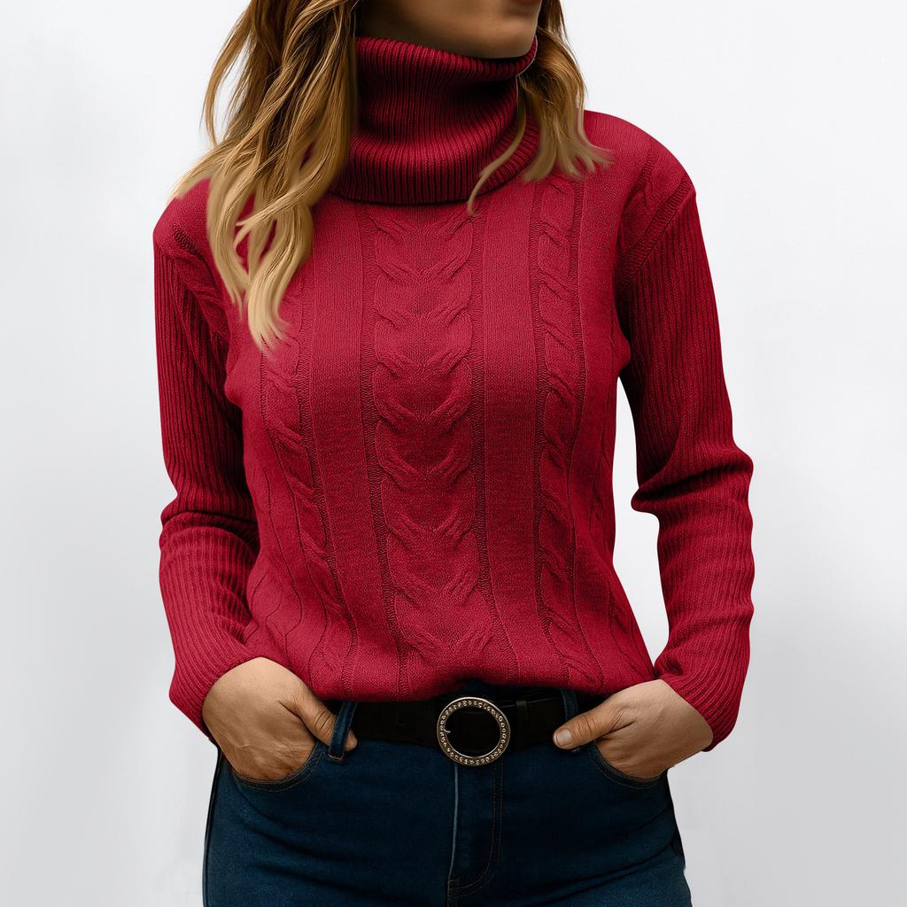 Women's Fashionable Solid Color High Neck Long Sleeved Sweater Pullover Sweater Top