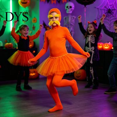 Full Body Coverage Suit Orange Bodysuit, with Tulle Skirt, Fake Belly, Yellow Mustache & Eyebrows, Adults Spandex Unitard Open Face Zentai Suit,