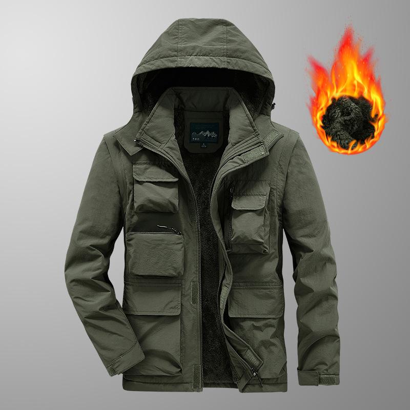 Winter Velvet Thickened Multi-pocket Cotton-padded Jacket Casual Detachable Sleeve Tooling Cotton-padded Jacket