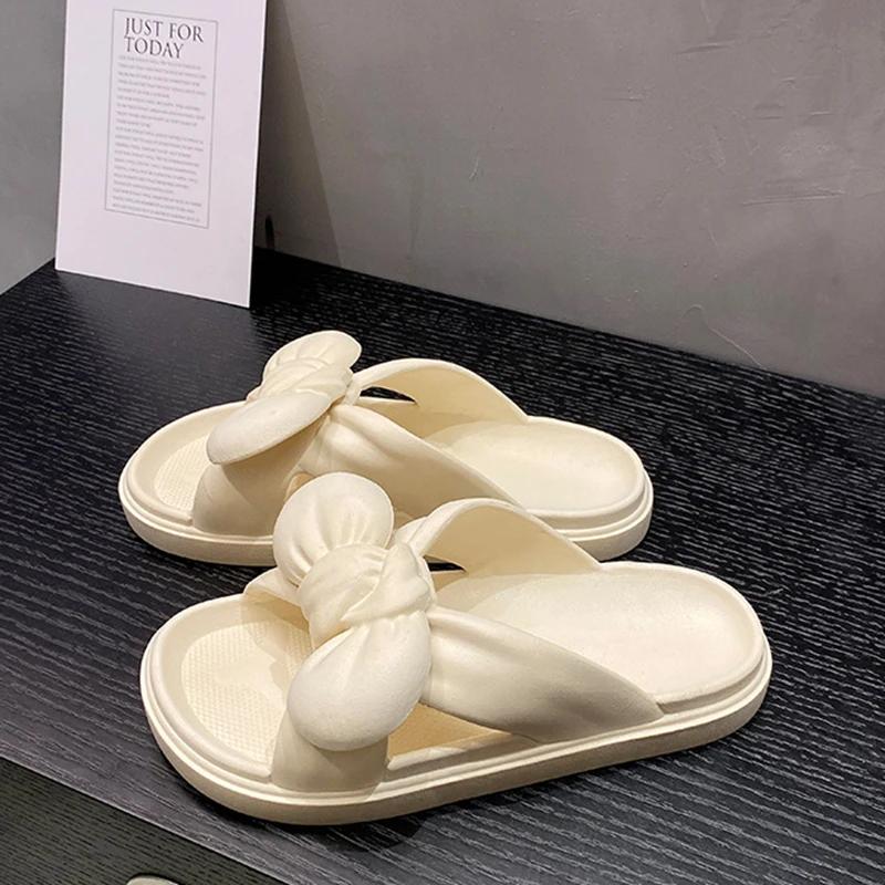 

Праздничные тапочки с бантом Женские летние туфли Домашние комнатные Нескользящая толстая подошва ПВХ Прохладные тапочки Однотонные повседневные шлепанцы 36-37 бежевый