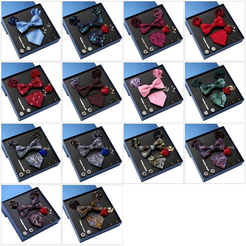 Pack of 9 Men's Floral Tie Set with Pocket Square Tie Clip Brooch Accessories for Formal Occasion Holiday Gift Supply