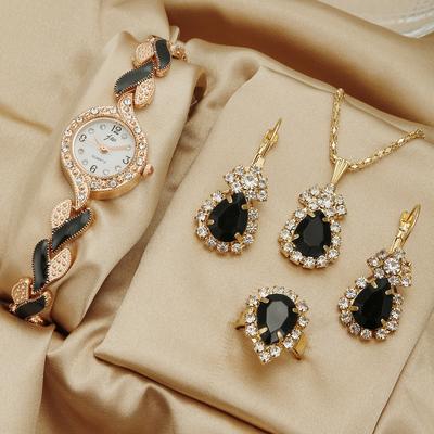 Women Quartz Watch Rhinestone Necklace Earrings Ring Set Wristwatch