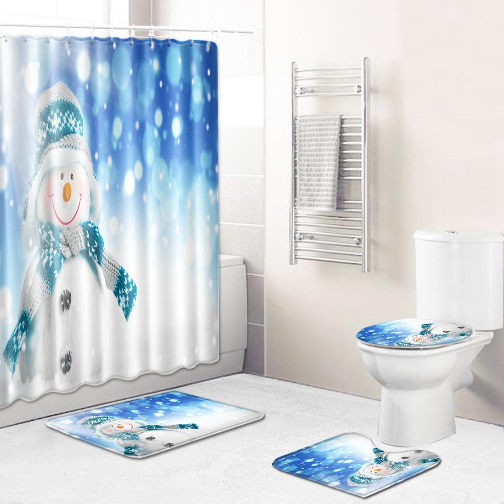 Christmas Bathroom Shower Curtain Four-Piece Combination Floor Mat Bathroom Water Absorbent Non-Slip Door Mat Bedroom Carpet