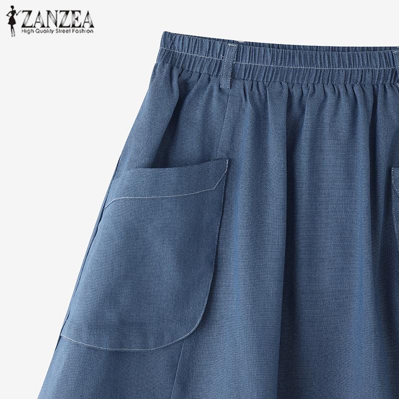 ZANZEA Women Casual Patch Pocket Elastic Waist Loose Skirt