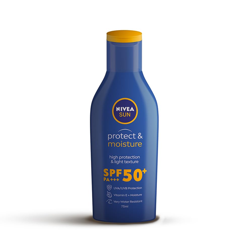 

Солнцезащитный крем Nivea Sun Protect & Moisture SPF 50 75 мл – Обогащен витамином Е, Водостойкий, Защита от UVA/UVB лучей для всех типов кожи