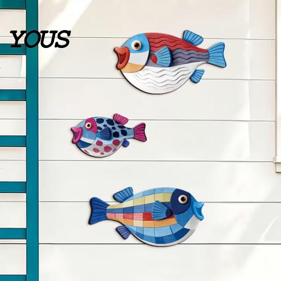 Indoor Balcony Wall Decorations 3Pcs Wooden Fish Art, Nautical Hanging Ornaments, Rustic Ocean Style Coastal Ornaments Sculpture, for Beach