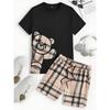 Set da Uomo a Due Pezzi con Stampa Line Bear Colorata T-shirt a Maniche Corte da Uomo per l'Estate Quotidiana Pantaloncini Casual da Uomo Street Fashion
