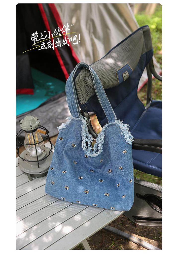 Personalized Floral Embroidery Denim Tote Bag - Fashionable, Large-Capacity Shoulder Bag for Women