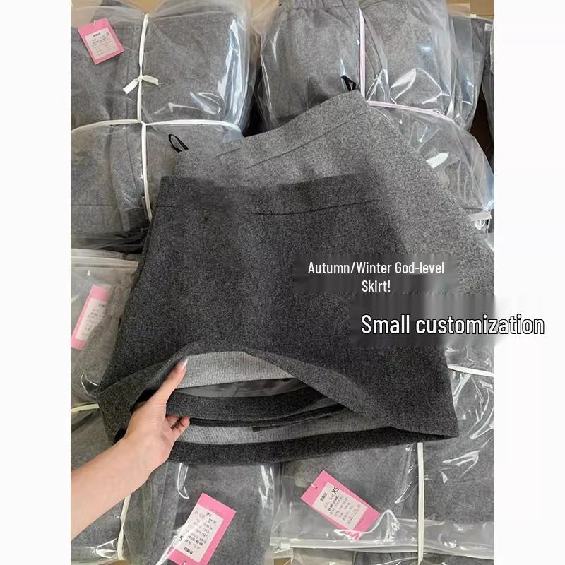 Women's High Waist Gray Wool Blend A-line Skirt - Petite Plus, Autumn/Winter 2026 Collection, Elastic Hip Wrap, Short Length