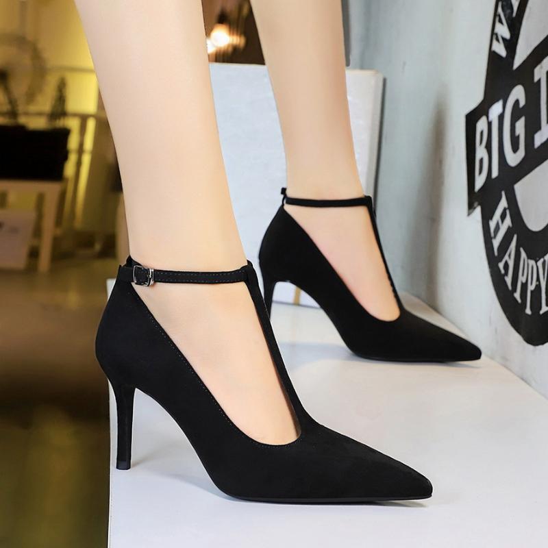 Fashion French Temperament Slim Heels High Heels Pointed Toe Shallow Mouth Suede One-Line Buckle Ultra High Heels Slimming Single Shoes