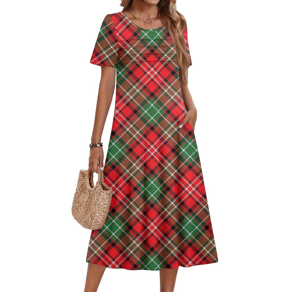 Ladies' Plaid Printed Casual And Fashionable Short Sleeved Round Neck Dress
