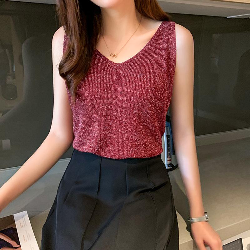 Women Summer Sleeveless V Neck Sequins Causal Vest Top
