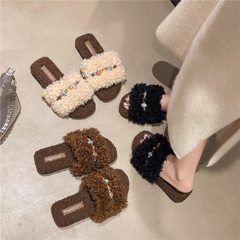 Internet celebrity brown popular fluffy slippers women's autumn and winter wear 2025 new thick bottom casual home fluffy cotton drag
