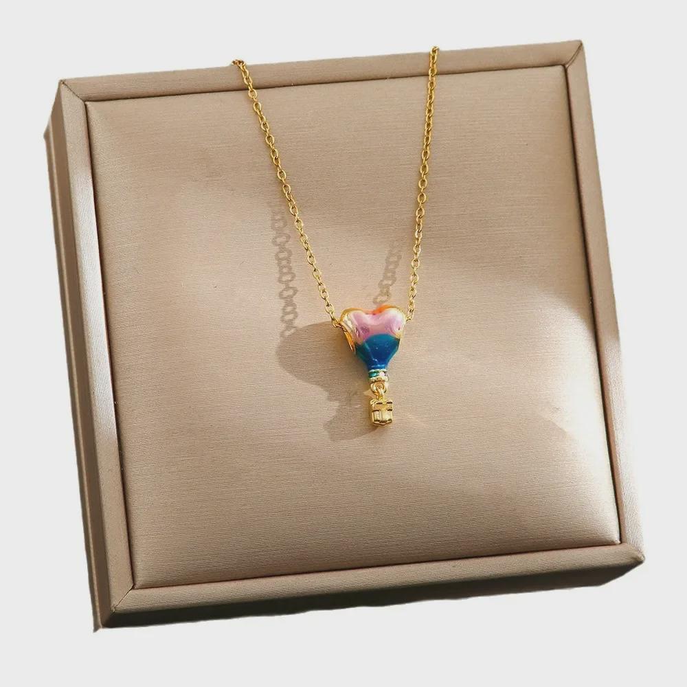 Goldene Heißluftballon Anhänger Halskette – Trendiger Titansstahl Schlüsselbeinkette Schmuck