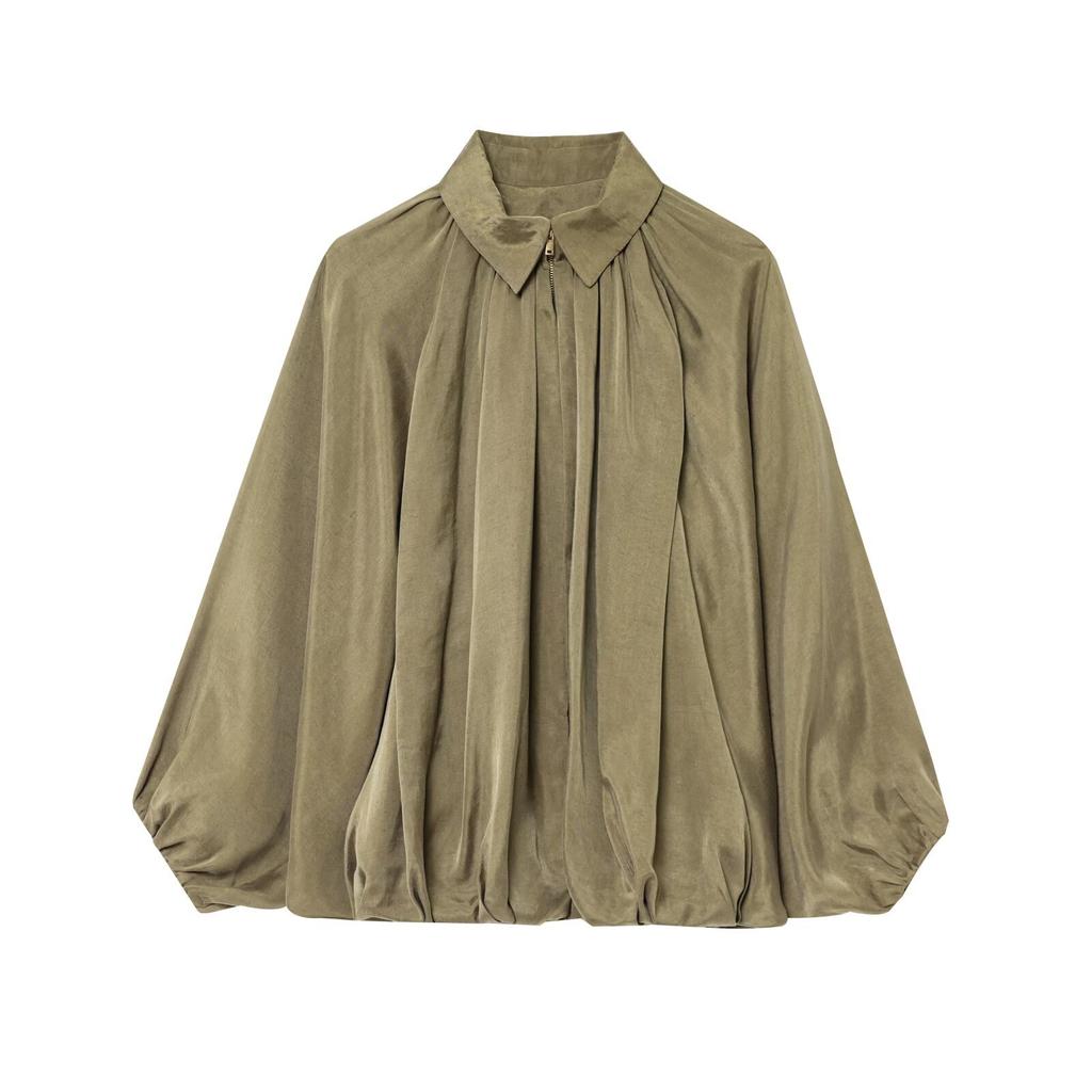 Olive Green Loose Fit Pleated Drop Shoulder Shirt with Roll-Up Sleeves, Beige & Yellow Options