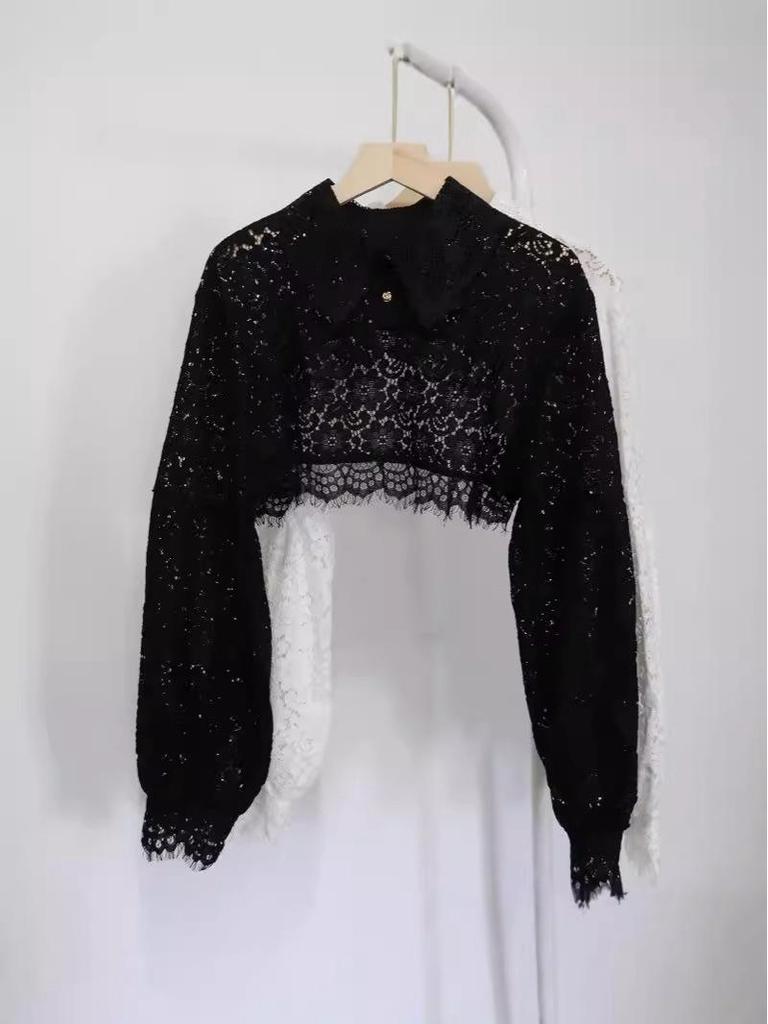 Letni top z koronki: Damska koszula z długim rękawem z ochroną przed słońcem - Modny szal spódnicowy peleryna