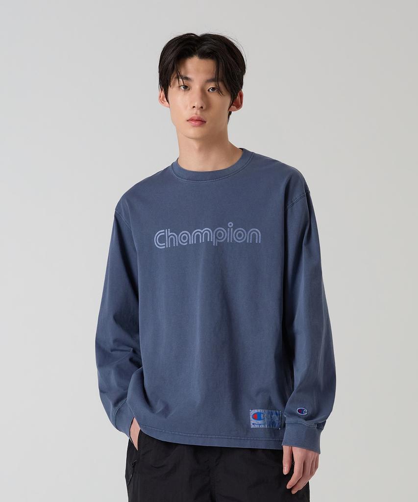 CHAMPION Track Logo Loose Fit Garment-Dyed Long Sleeve T-Shirt Blue