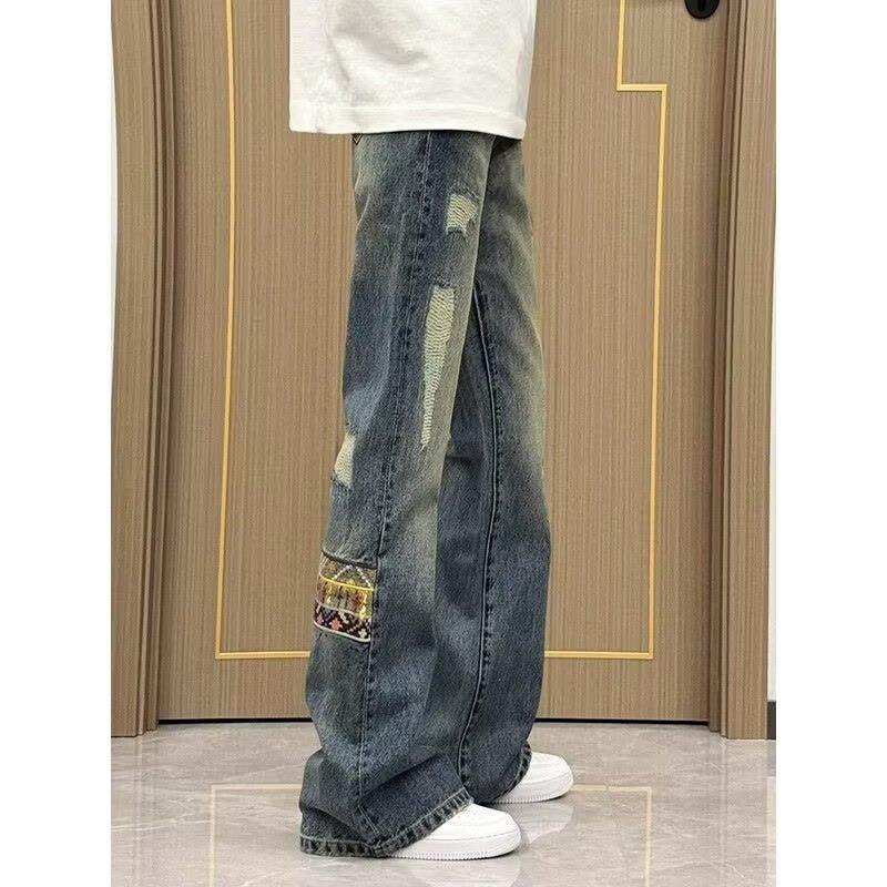 Ethnic Style Splicing Patch Jeans Men's American Retro Pants Cleanfit Drape Straight and Slightly Pulled Pants Tide