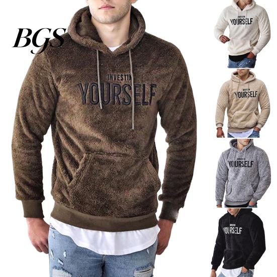 Plus Size Winter Hoodie Letter Pattern Hooded Hat Long Sleeves Pullover Soft Drawstring Plush Embroidery Men Autumn for Daily Wear