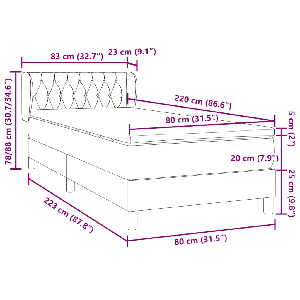 Box Spring Bed with Mattress Dark Gray 80x220 cm Velvet