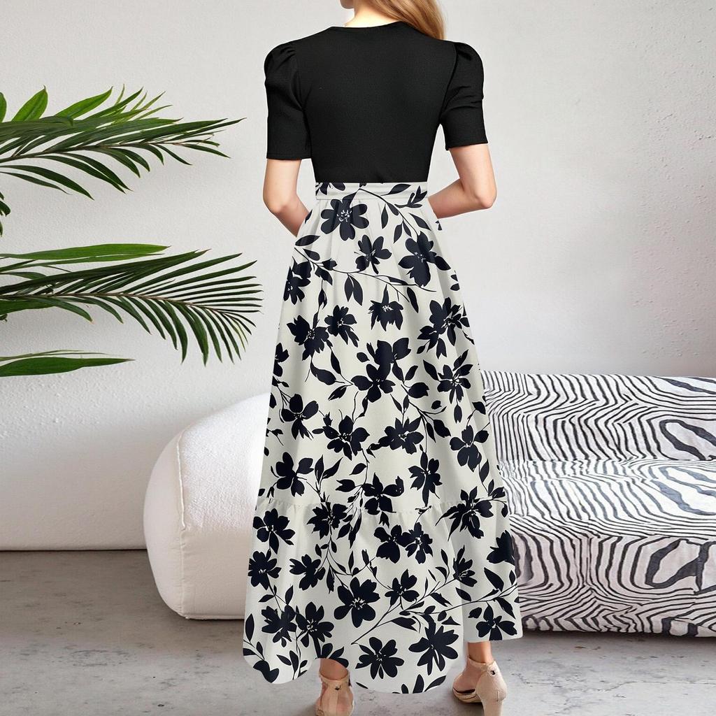 Women's Fashion Casual Belt Short Sleeve Round Neck Print Stitching Elegant Temperament Dress