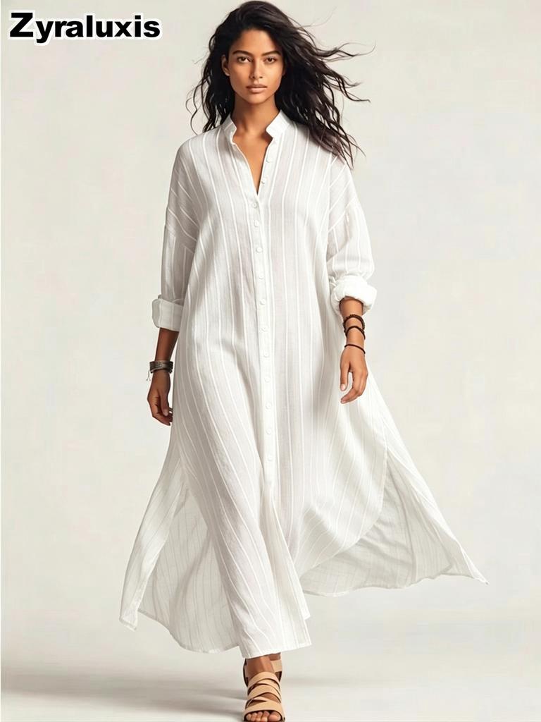 New Summer Striped Loose Long Sleeve Button Shirt Dress