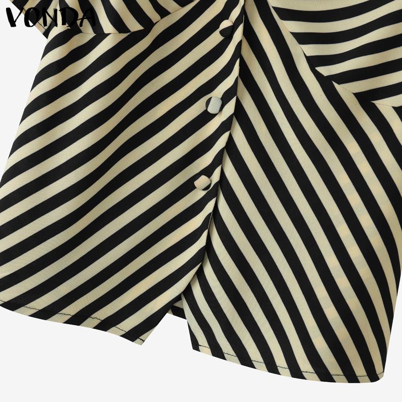 VONDA Summer Women Short Puff Sleeve Twisted Striped Casual Blouse