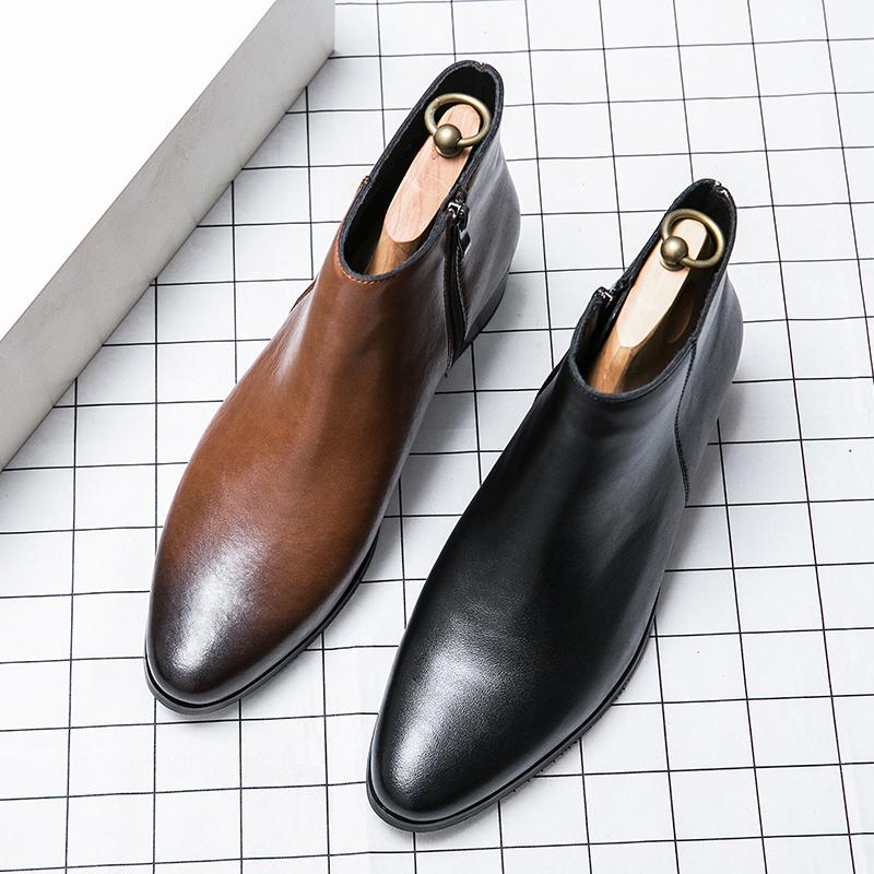 Fashion British Style Chelsea Men's Boots High-quality Side Zipper Business Formal Leather Boots High Heels Platform Men's Casual Shoes