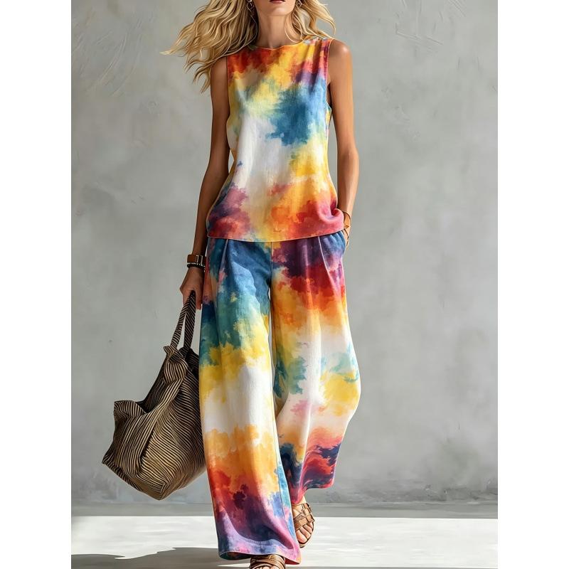 Rundhals-Oberteil weite Hosen zweiteiliges Set Damen Freizeitanzug Europäisch und Amerikanisch Sommer neu Regenbogen Batik ärmellos