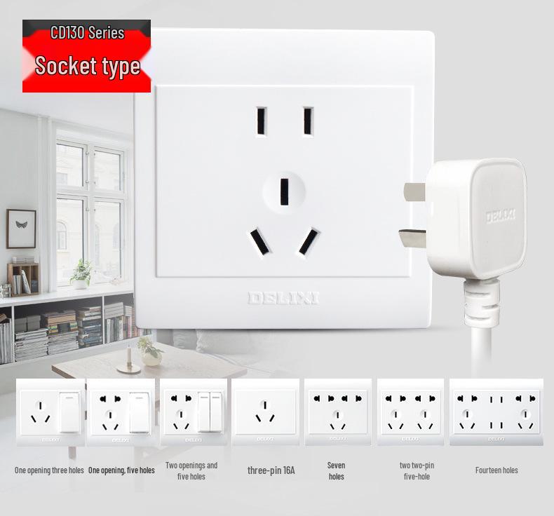 DELIXI Surface-Mounted Five-Hole Socket with TV and Computer Plug for Exposed Wiring
