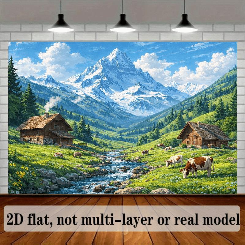 2D Plane Dolomite Mountains Church Lake Background Fabric Polyester Material Suitable for Indoor Use