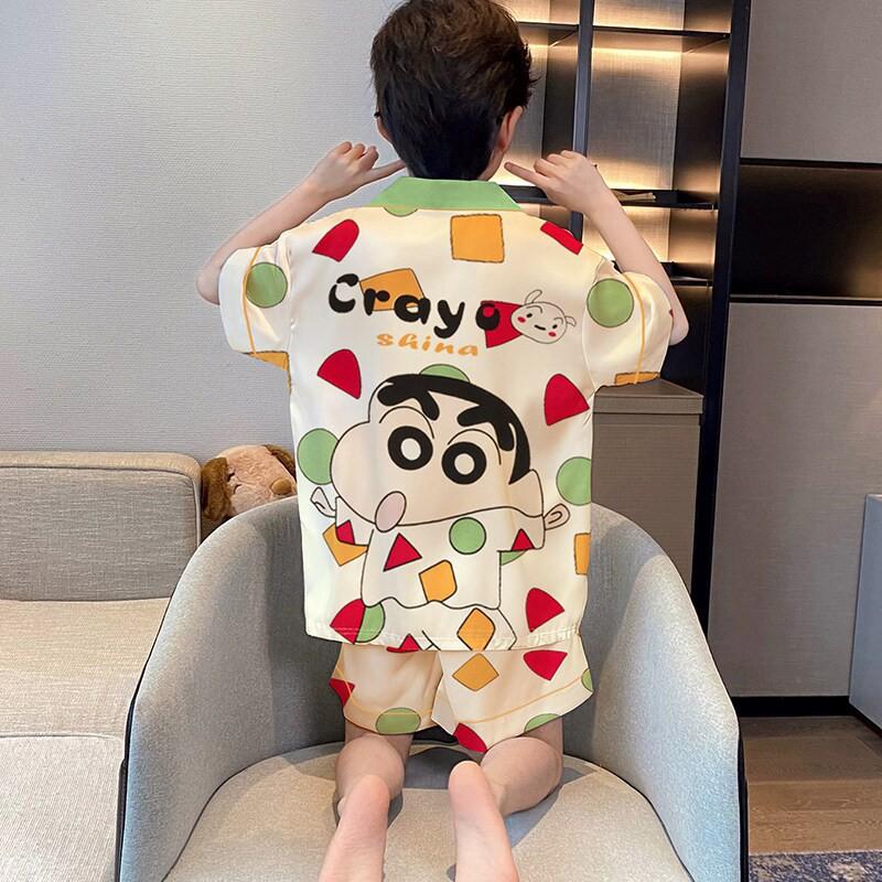 Boys Ice Silk Pajama Set Short Sleeve Sleepwear Kids Teens 8 Years Lightweight Breathable Home Wear