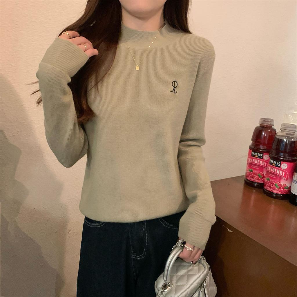Autumn and Winter New Embroidery Versatile Semi-high Collar Soft Waxy Inner Andy Velvet Knitwear Base Sweater Girl
